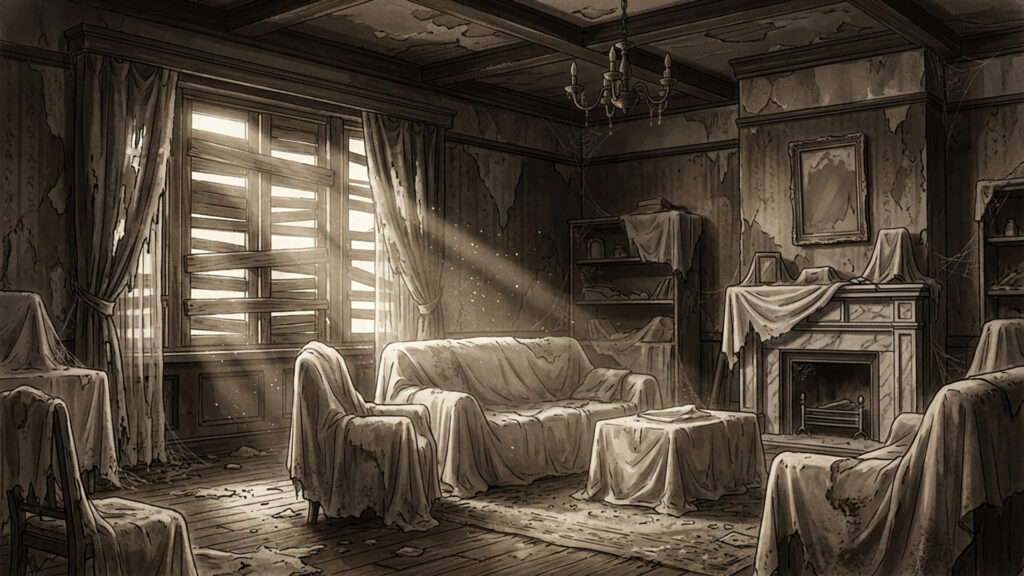 時間が止まった廃屋の居間｜セピア調