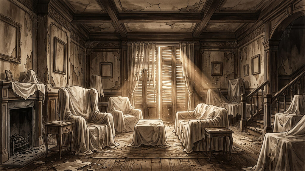 時間が止まった廃屋の居間｜セピア調