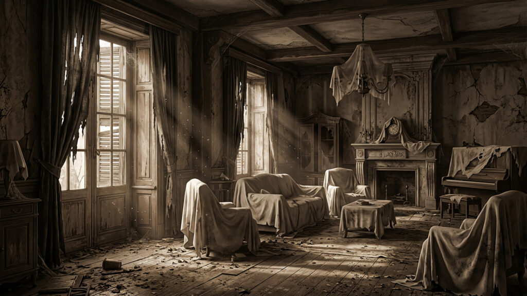 時間が止まった廃屋の居間｜セピア調