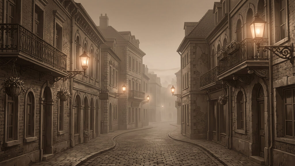 霧に包まれた古いレンガ街｜セピア調の背景イラストのフリー素材