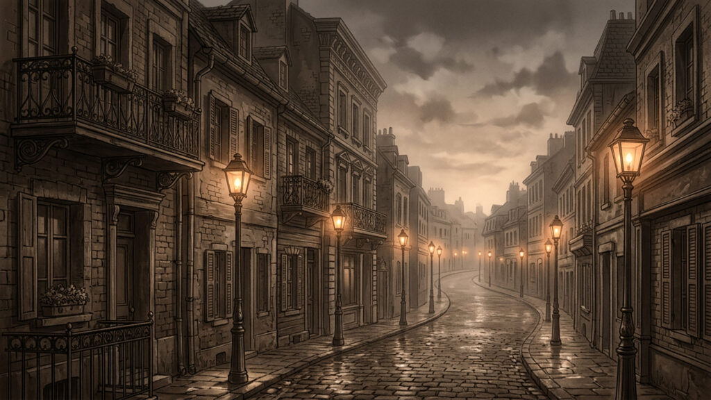 霧に包まれた古いレンガ街｜セピア調