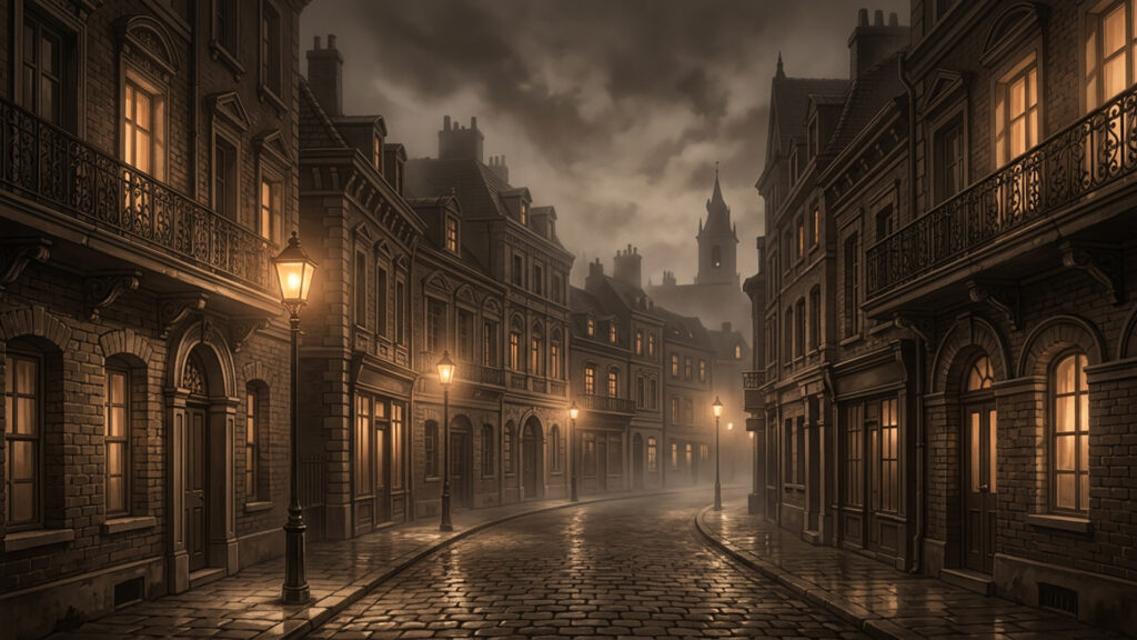 霧に包まれた古いレンガ街｜セピア調