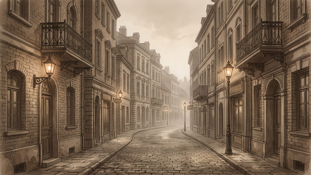 霧に包まれた古いレンガ街｜セピア調