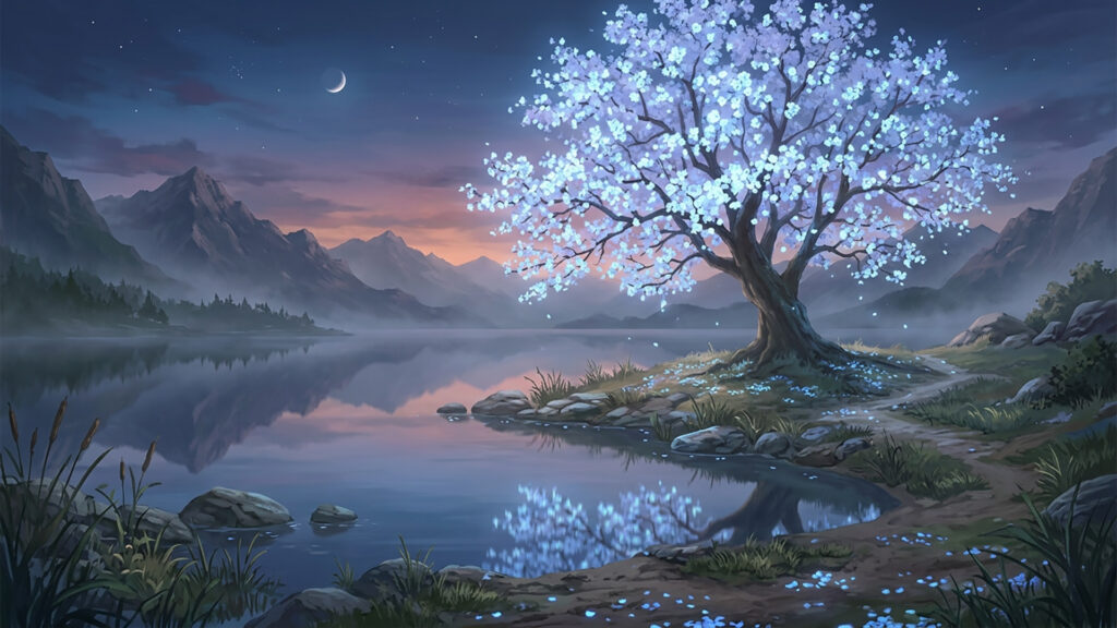 薄青色に発光する桜の背景イラストのフリー素材