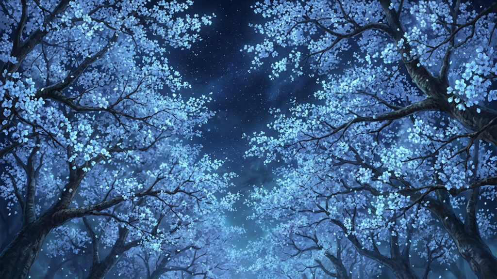 薄青色に発光する桜