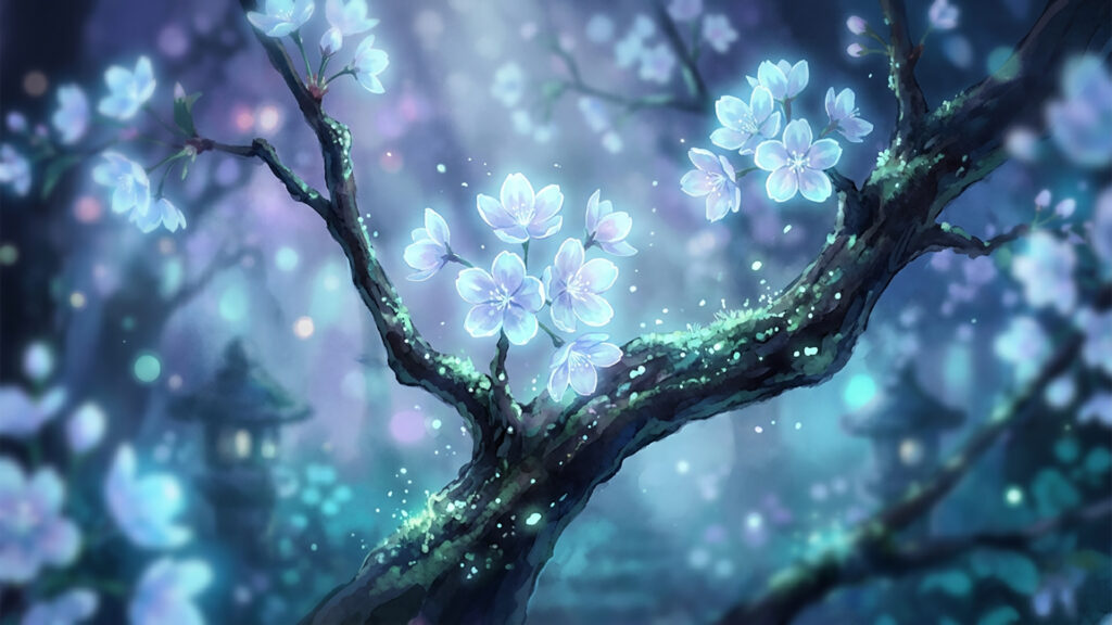 薄青色に発光する桜