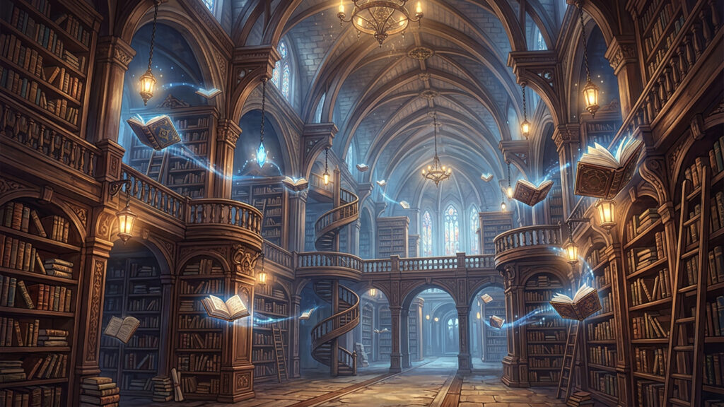 禁書庫（魔法図書館）の背景イラストのフリー素材