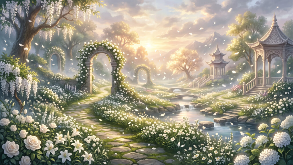 白い花びらの庭の背景イラストのフリー素材