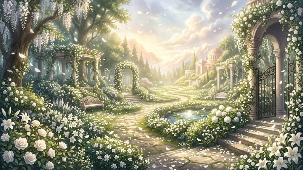 白い花びらの庭