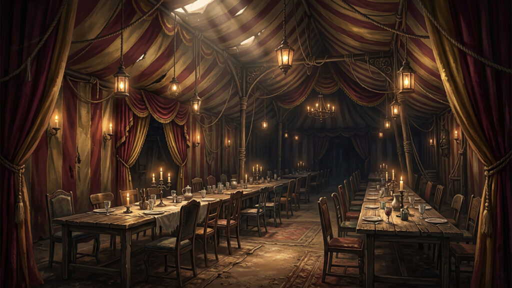 怪しい雰囲気のサーカス団の食堂の背景イラストのフリー素材