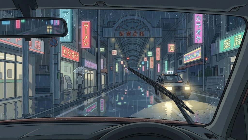 車の運転席から見る景色（雨の日）