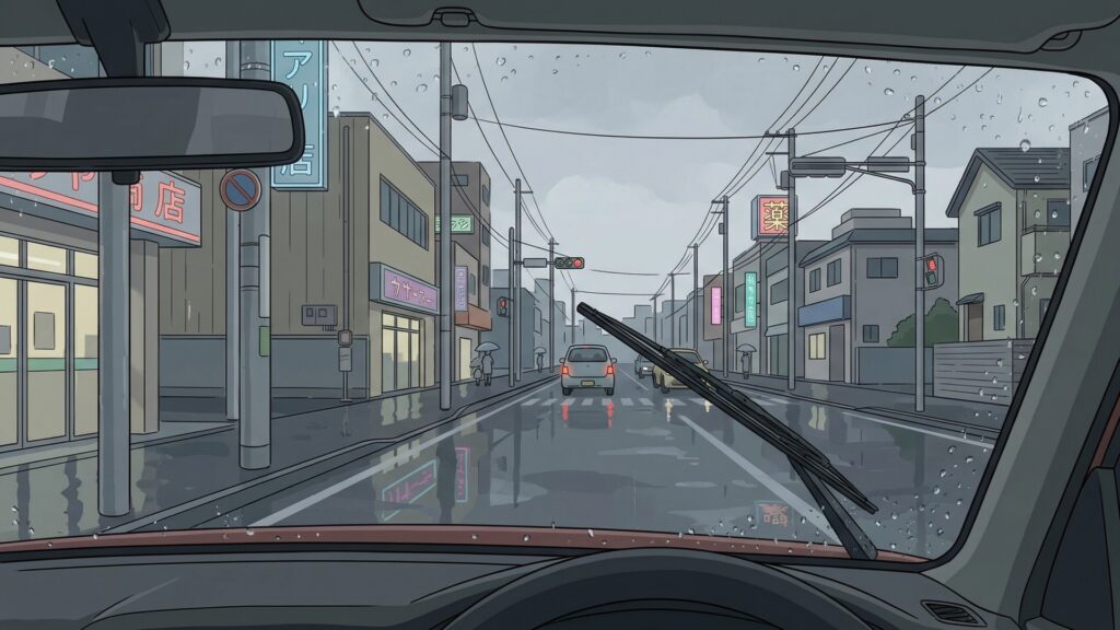 車の運転席から見る景色（雨の日）