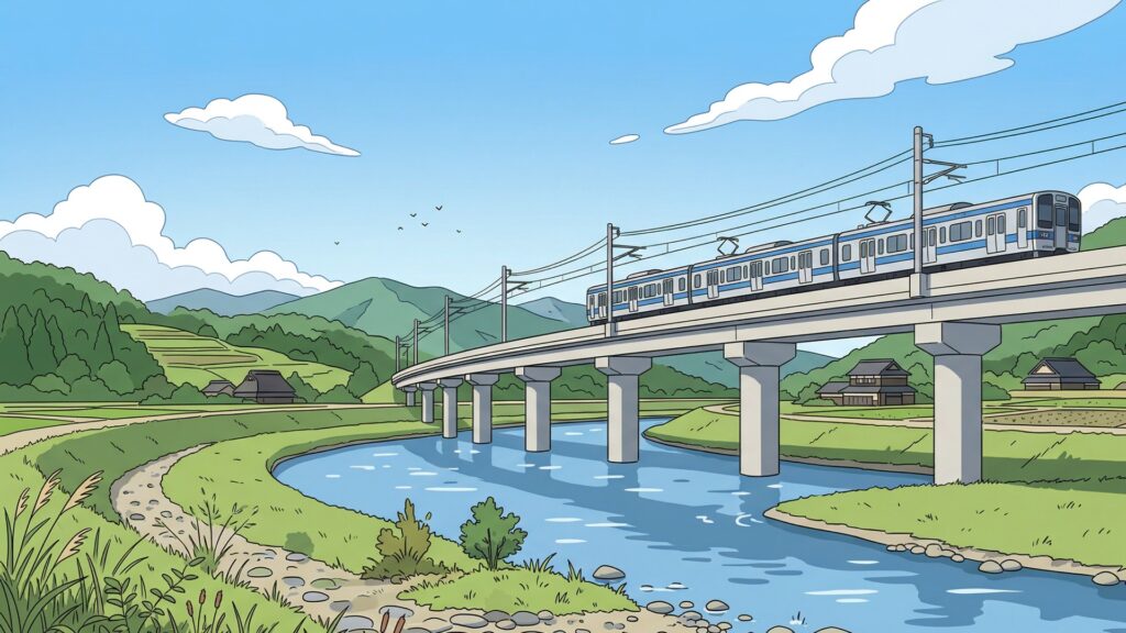 川の上の高架橋を走る電車