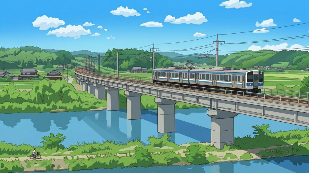 川の上の高架橋を走る電車