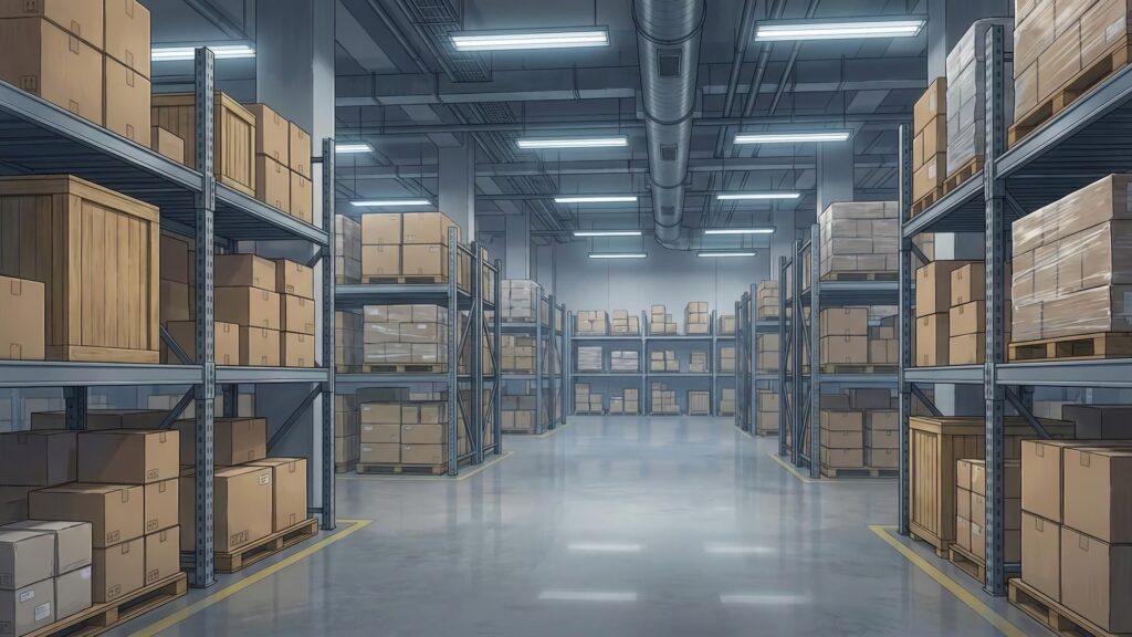 在庫の並ぶ倉庫