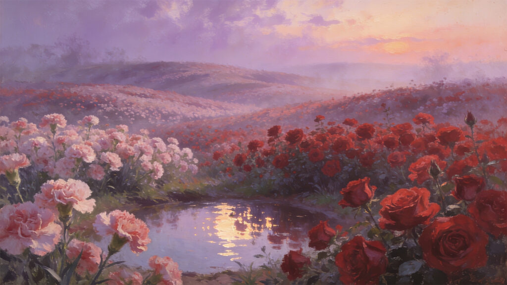 夕暮れの花の海