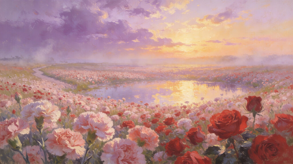 夕暮れの花の海の背景イラストのフリー素材