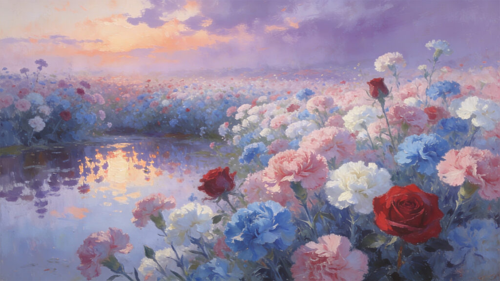 夕暮れの花の海