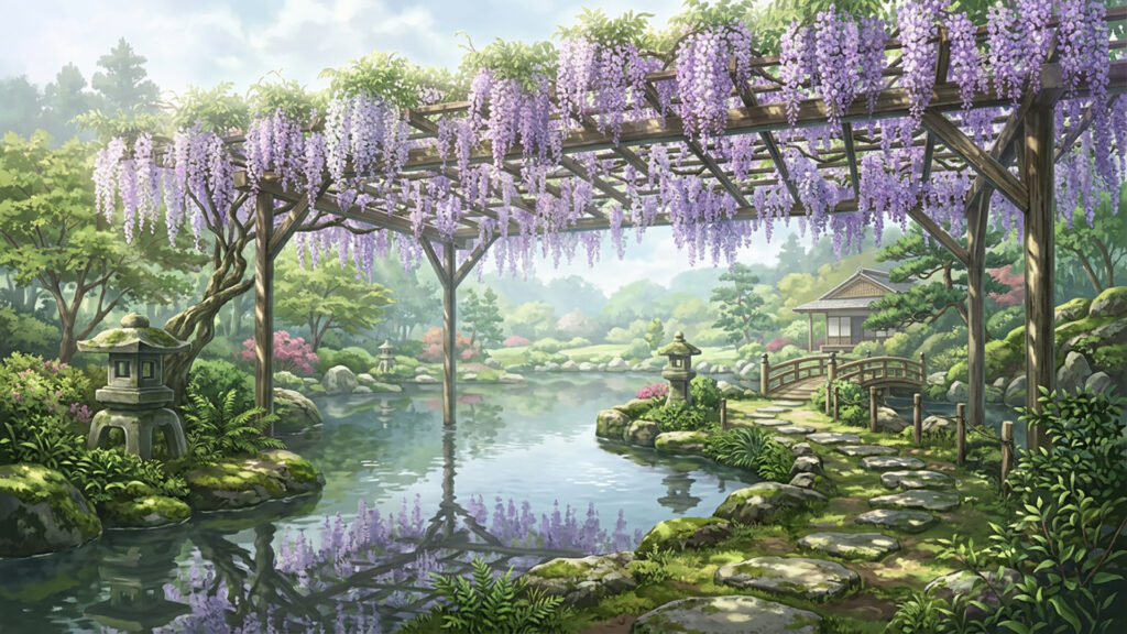 藤棚のある庭園の背景イラストのフリー素材