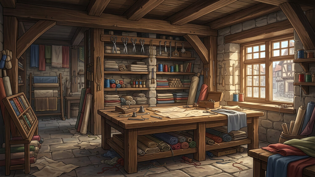 中世の仕立て屋の工房の背景イラストのフリー素材