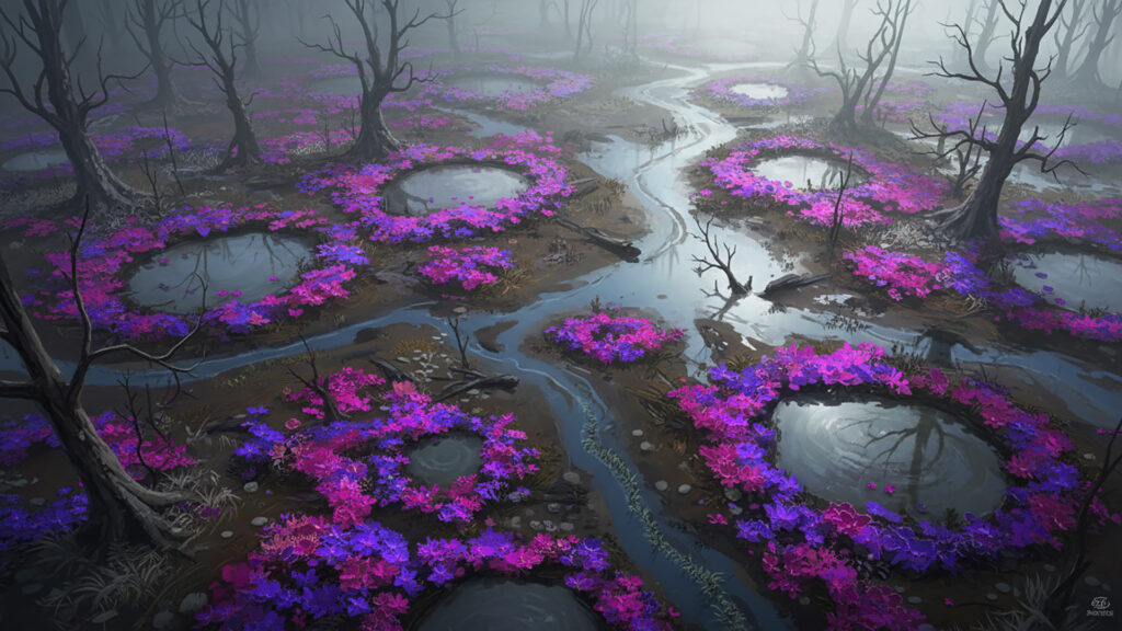 毒々しい粘液を出す奇妙な花畑