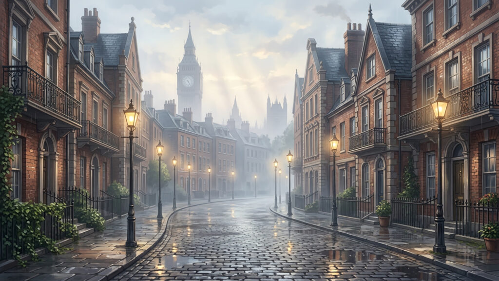 ロンドンぽい街並みの背景イラストのフリー素材