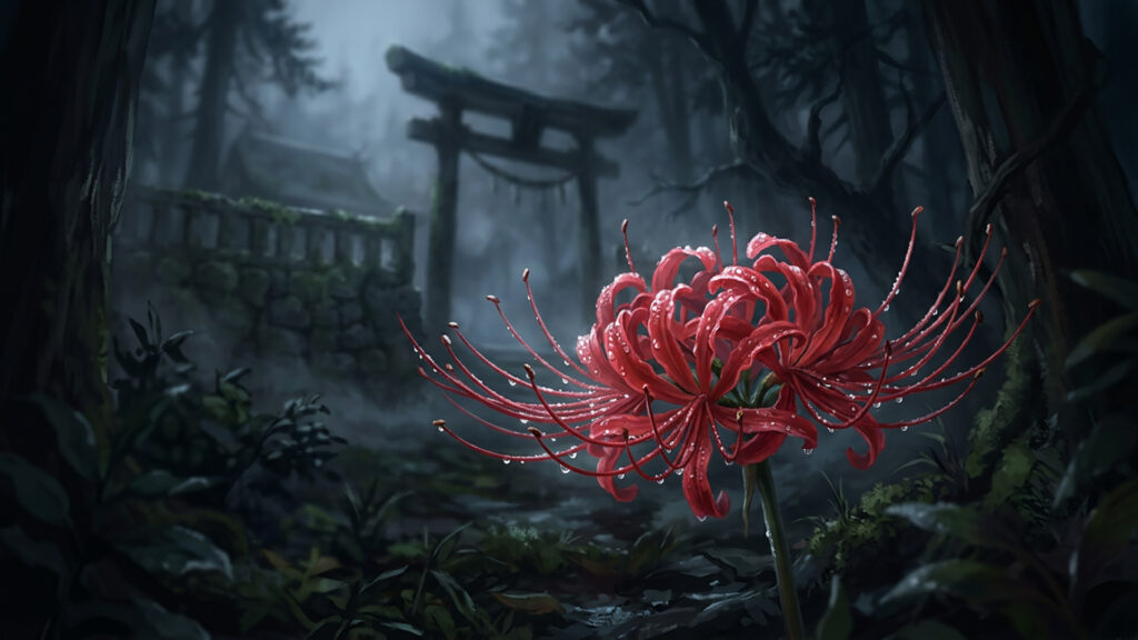 彼岸花が咲く廃神社の背景イラストのフリー素材