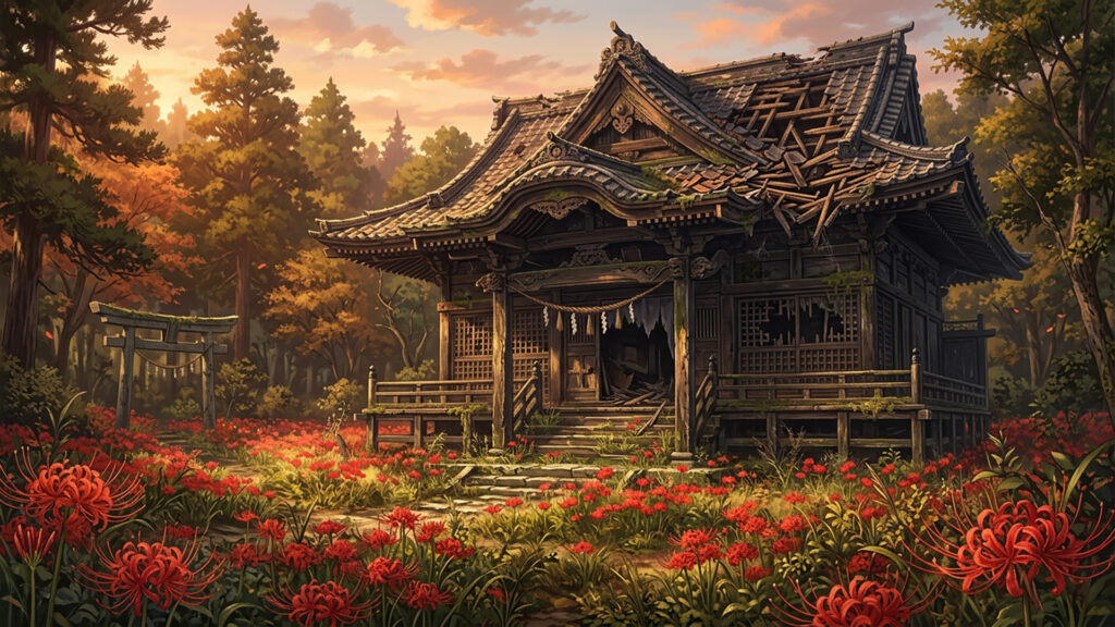 彼岸花が咲く廃神社