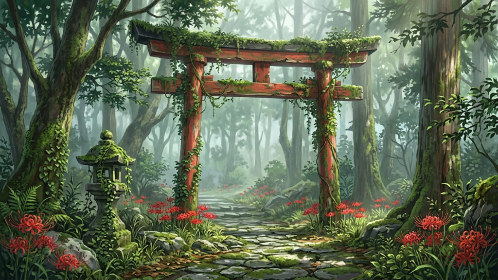 彼岸花が咲く廃神社
