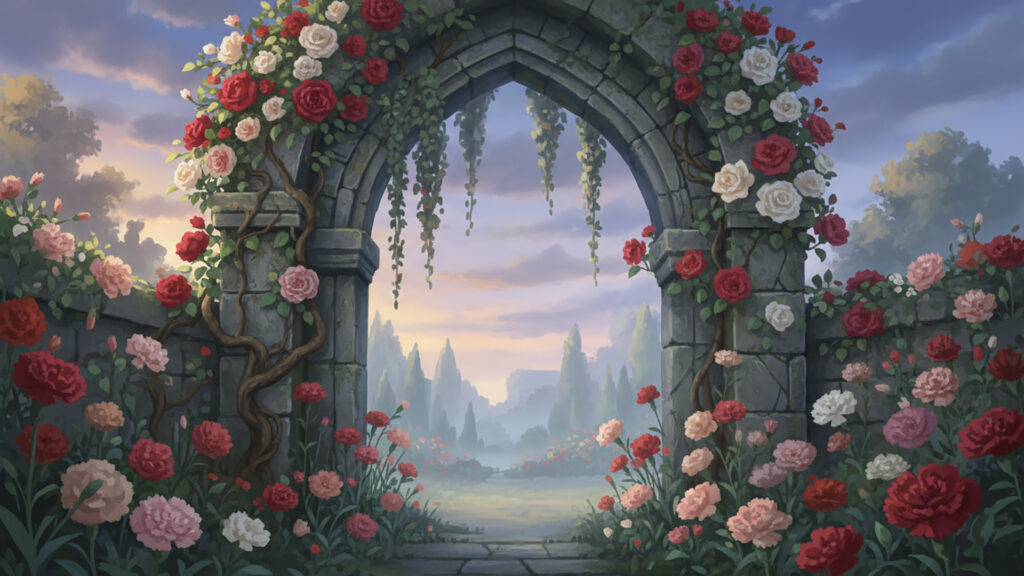 薔薇とカーネーションのアーチの背景イラストのフリー素材
