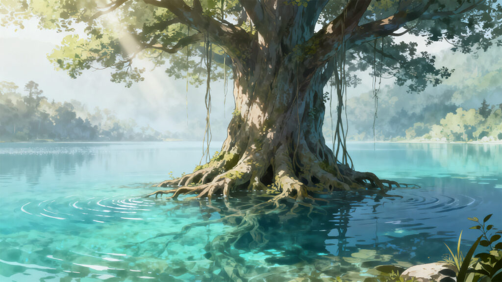 水上の大樹の背景イラストのフリー素材