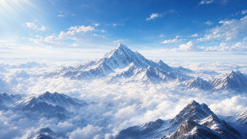 雲海にそびえ立つ天空の山嶺の背景イラストのフリー素材