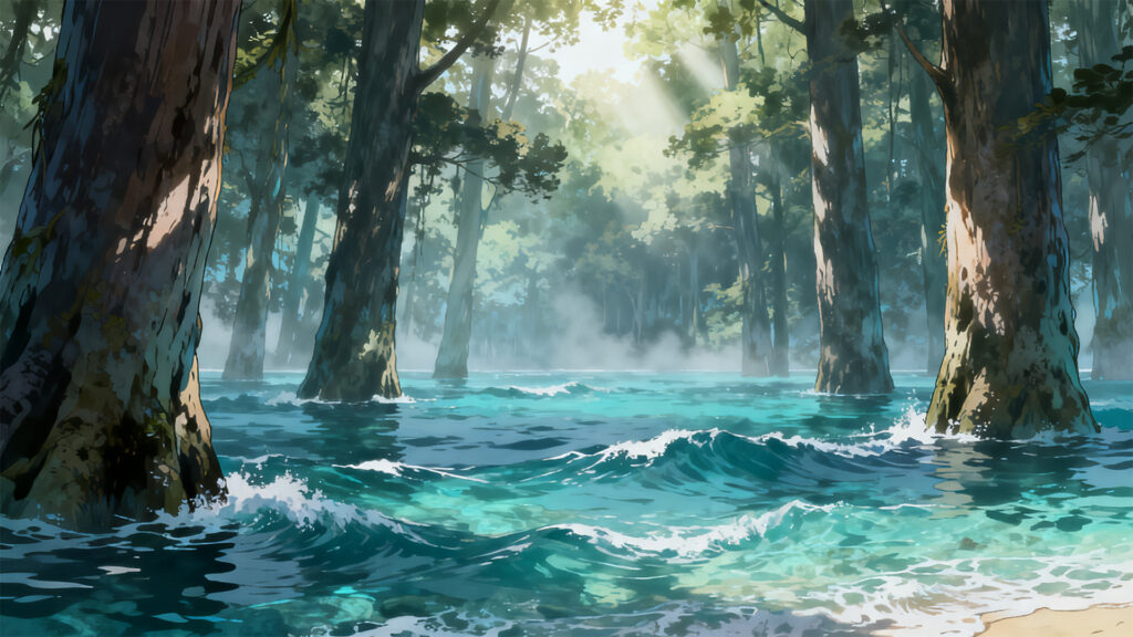 潮満ちる深林の背景イラストのフリー素材