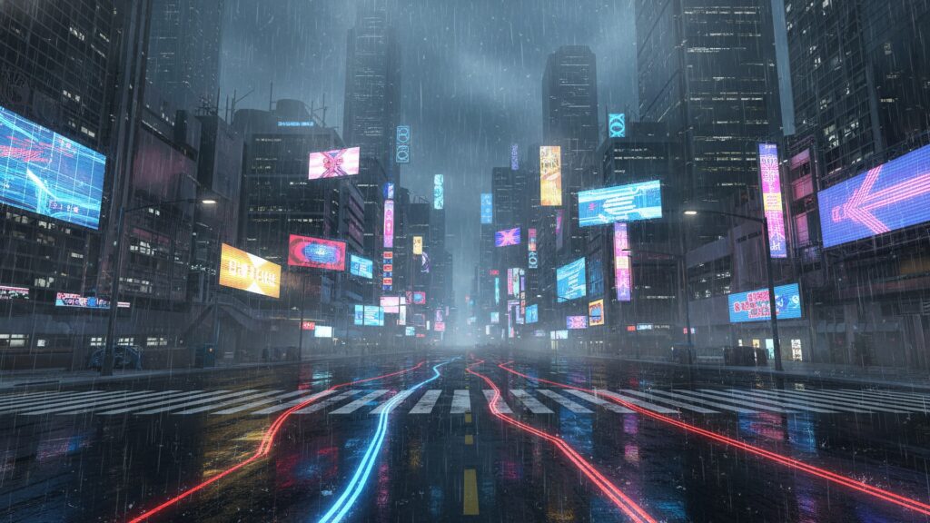 雨とネオンの交差点_夜