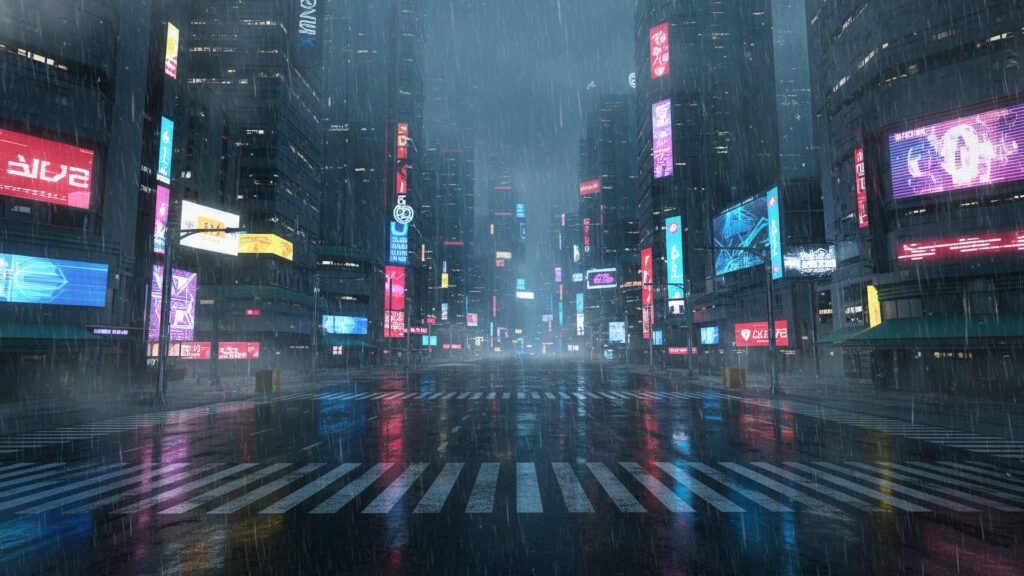 雨とネオンの交差点_夜