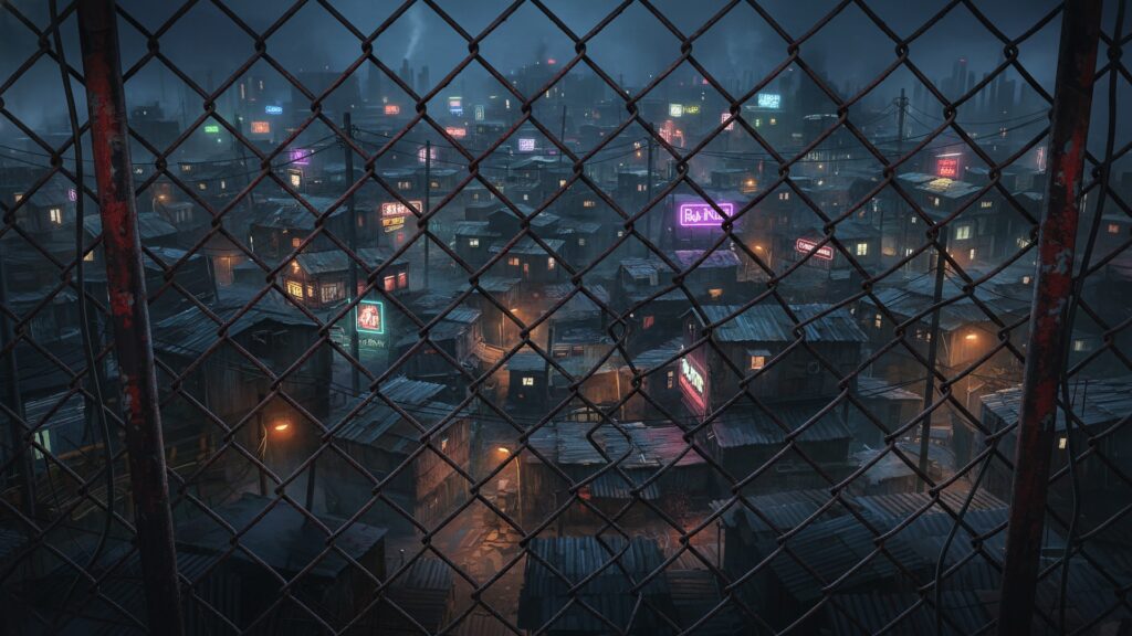 金網とスラムの夜景