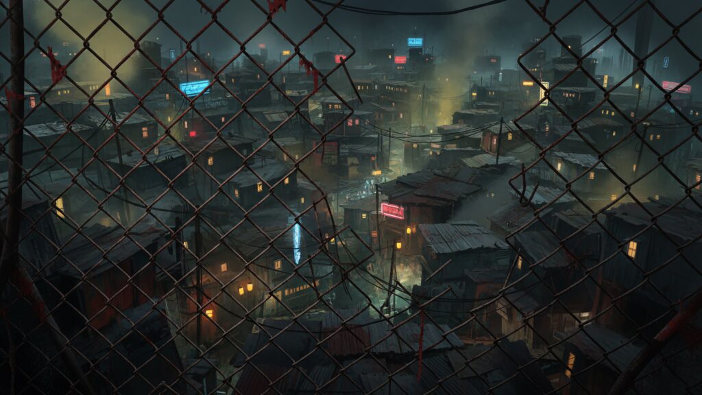金網とスラムの夜景