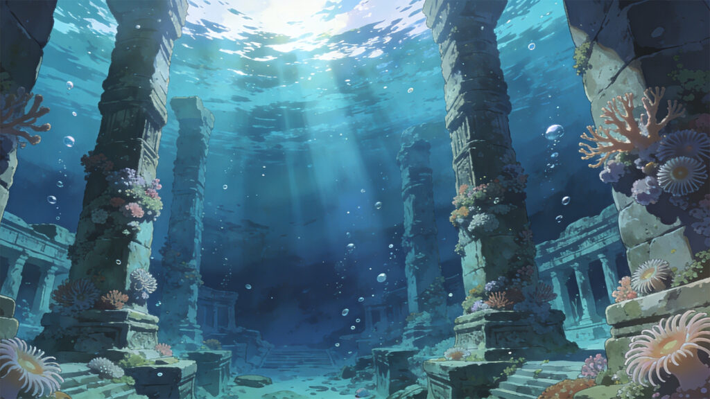 深海に沈む神殿の背景イラストのフリー素材