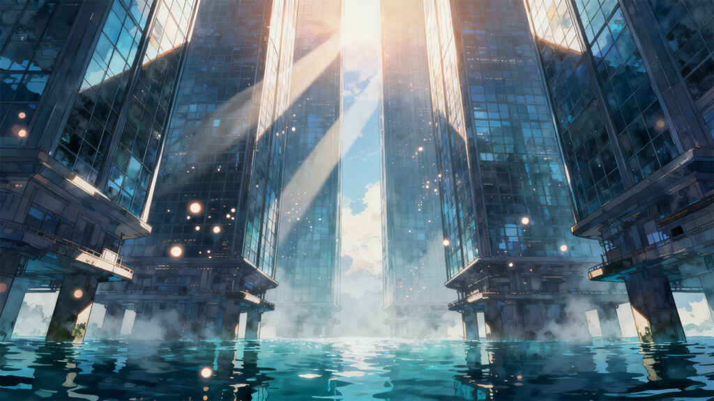 水上摩天楼の背景イラストのフリー素材