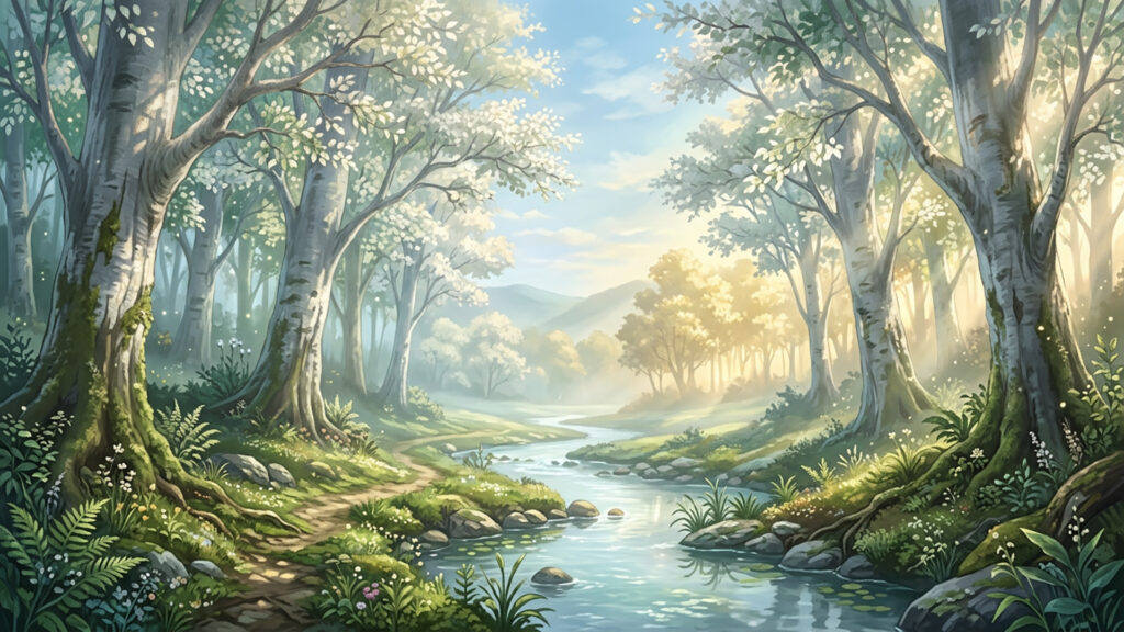 白子鹿の森の背景イラストのフリー素材