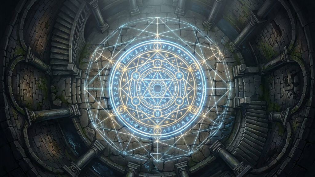 ダンジョンの床に描かれた光る魔法陣