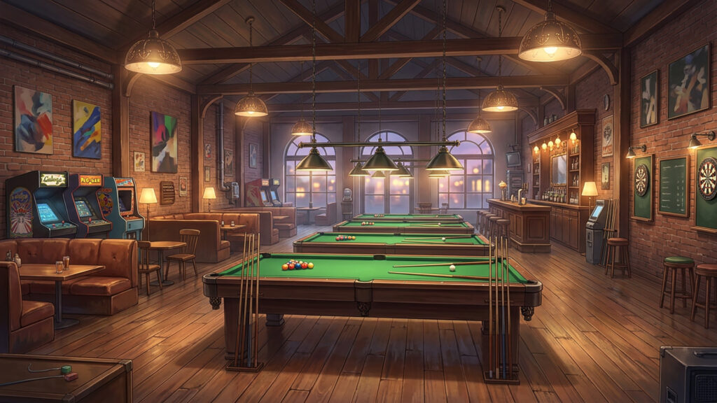 ビリヤード台がある遊技場の背景イラストのフリー素材