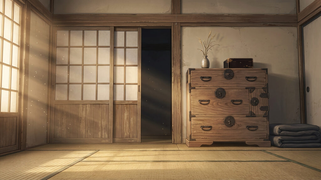 押し入れと古い桐箪笥のある部屋の背景イラストのフリー素材
