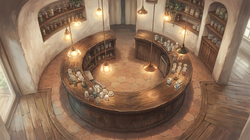 ランプと漆喰壁の喫茶店のカウンター