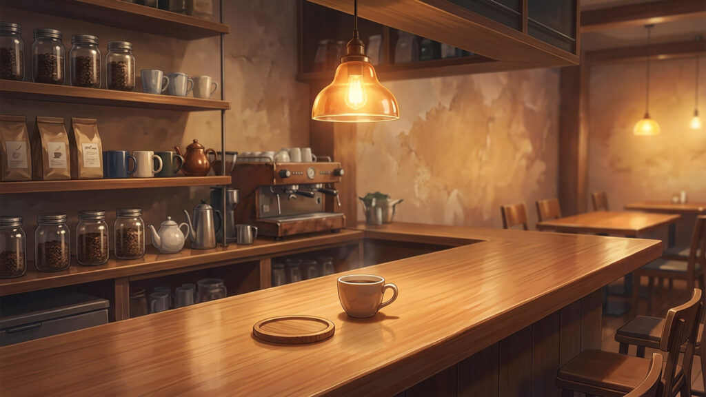 ランプと漆喰壁の喫茶店のカウンターの背景イラストのフリー素材