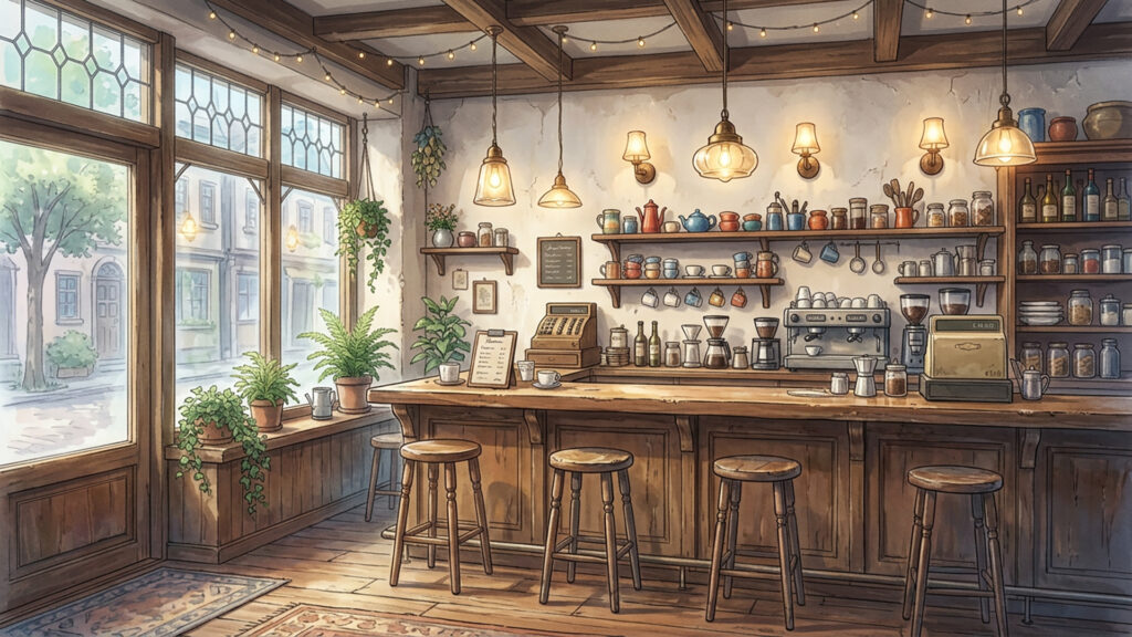 ランプと漆喰壁の喫茶店のカウンター