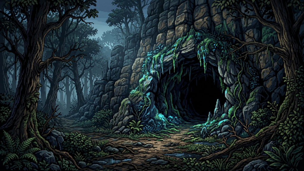 不気味な洞窟の入り口｜ドット絵風