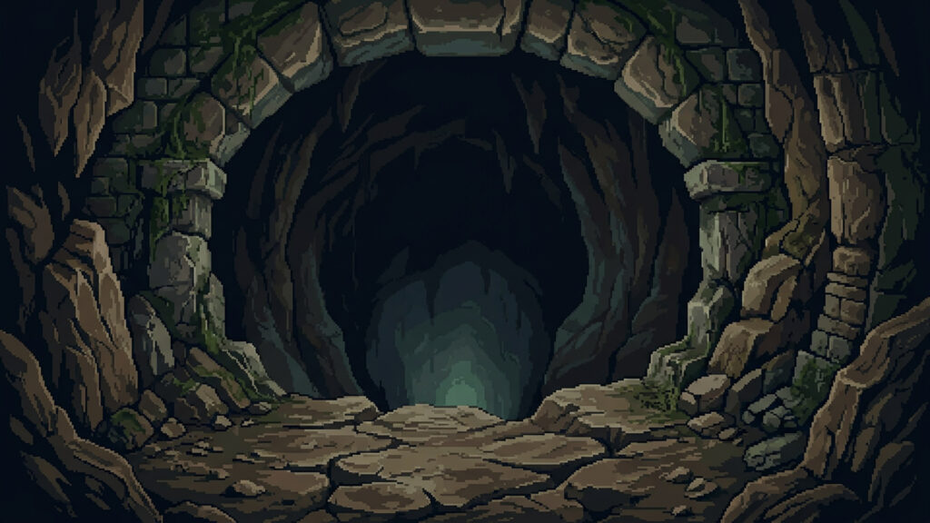 不気味な洞窟の入り口｜ドット絵風