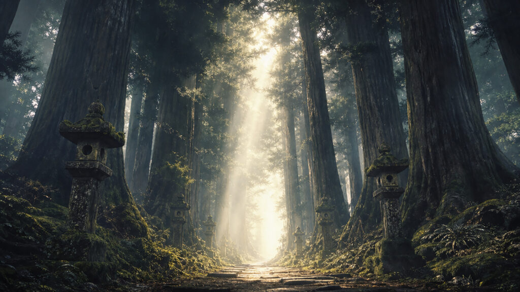 迷い込みし古き森と祠の背景イラストのフリー素材