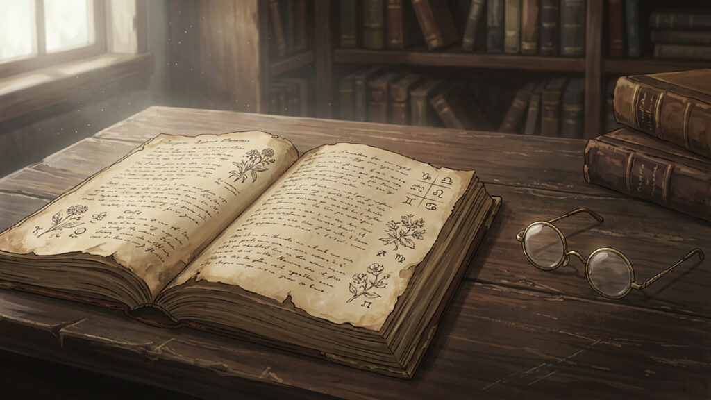 丸眼鏡と開かれた古書がある机の上の背景イラストのフリー素材